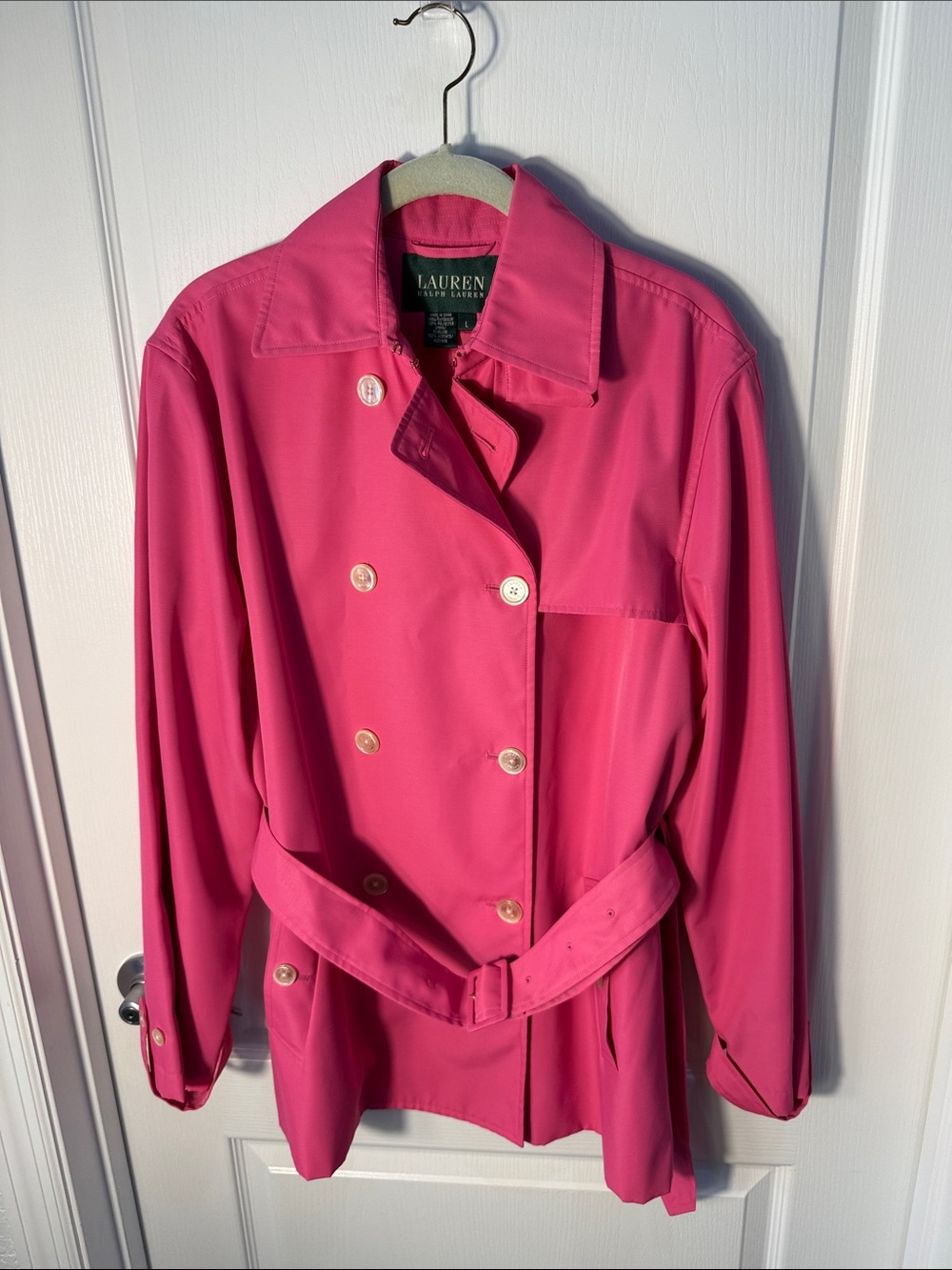 Lauren Ralph Lauren Hot Pink Double-Breasted Trench Coat with Belt Pockets Sz L